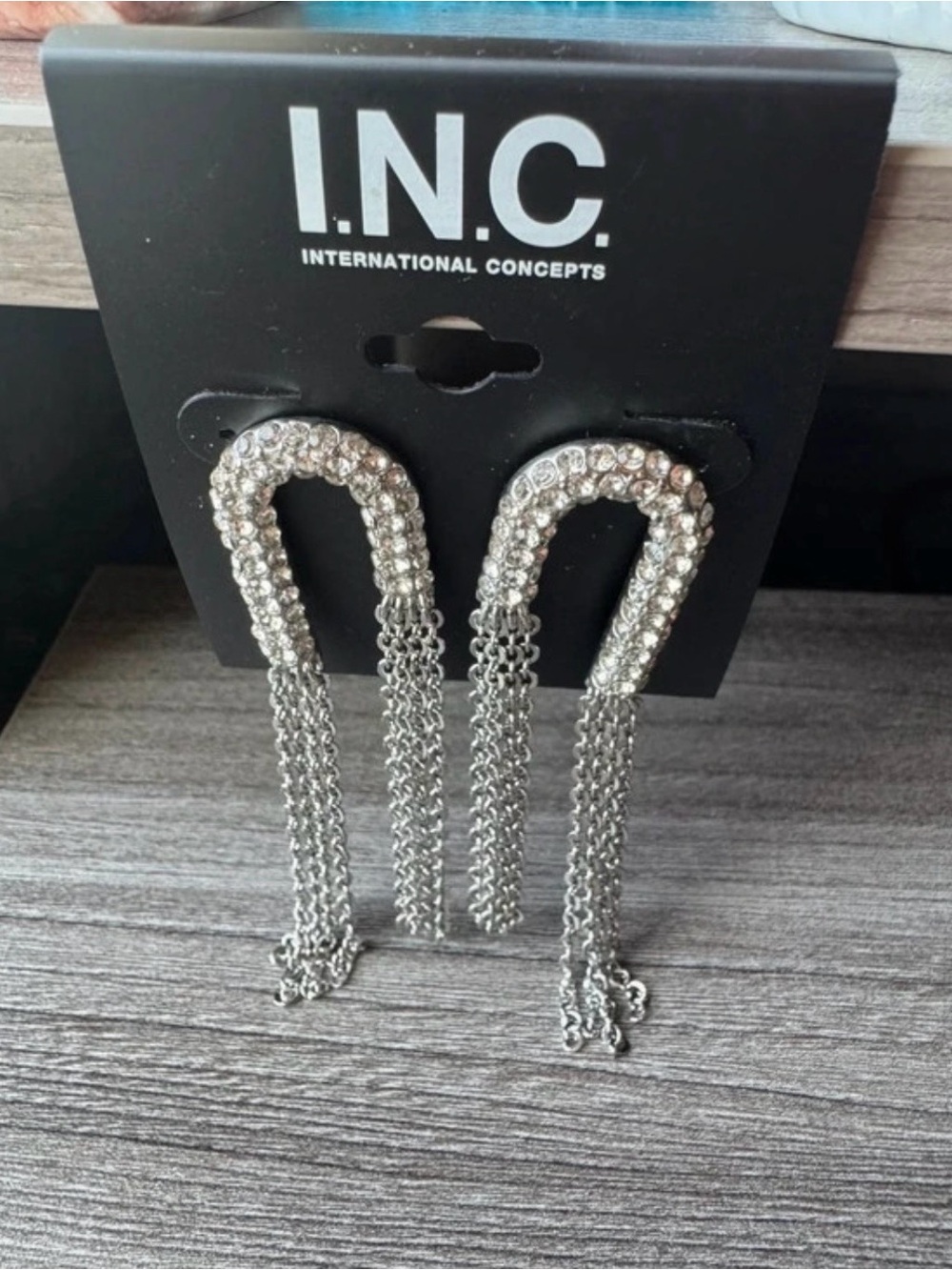 NWT INC International Concepts Crystal Chain Fringe Arch Statement Drop Earrings